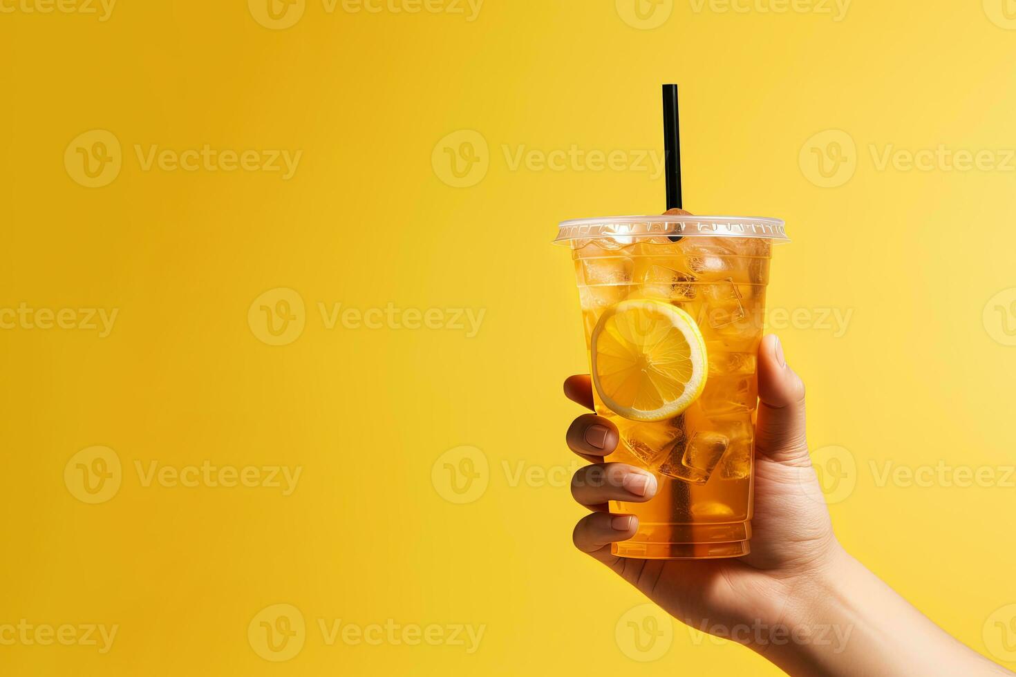 A hand holding takeaway plastic cup of delicious iced lemon tea isolated on yellow background with copy space. ai generated photo