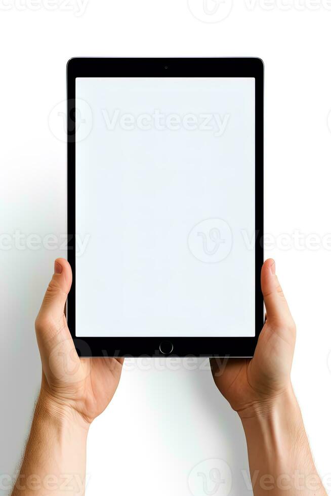 Hand holding tablet with mockup blank screen isolated on white background. ai generated photo