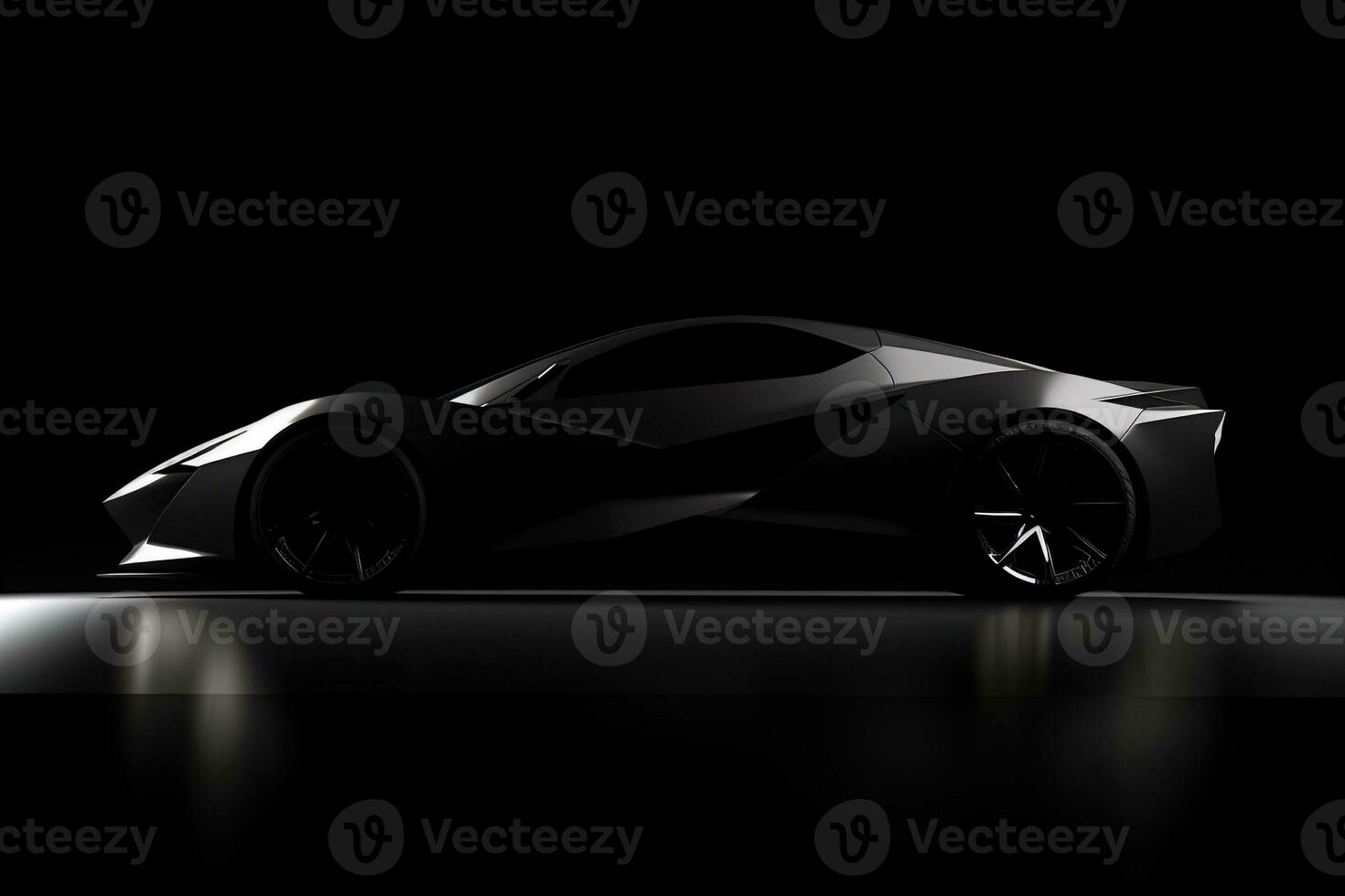 Side view dark silhouette of a modern sport black car isolated on black background. ai generated photo