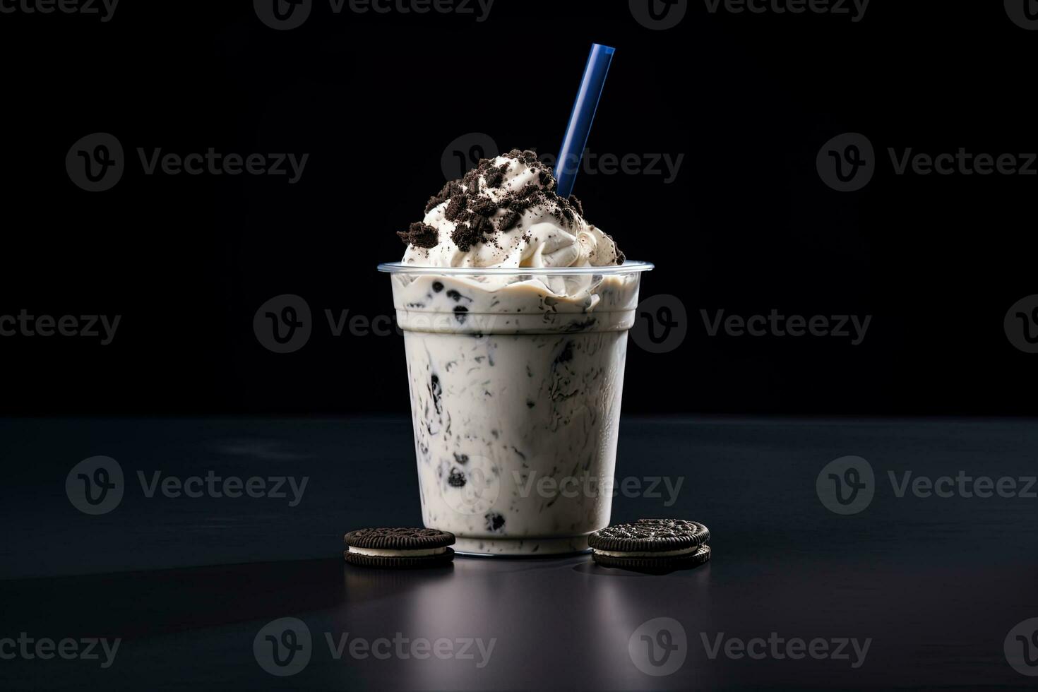 Cookies and cream milkshake in a takeaway cup isolated on dark background. ai generated photo