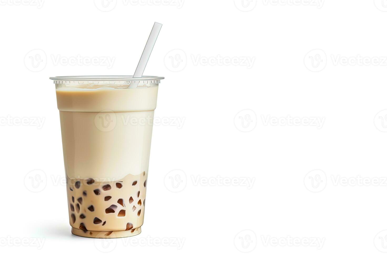 iced milk tea and bubble boba in the plastic glass on the white background with copy space. ai generated photo