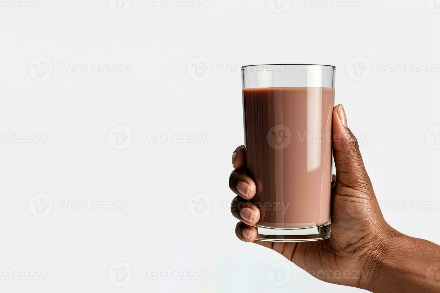 Hand holding a glass of delicious chocolate milk isolated on white background with copy space. ai generated photo