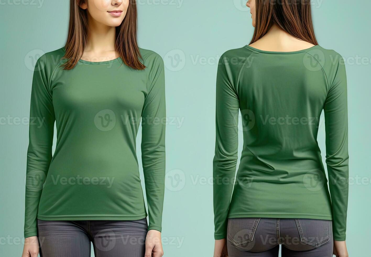 mujer vistiendo un verde camiseta con largo mangas frente y espalda vista. ai generado foto