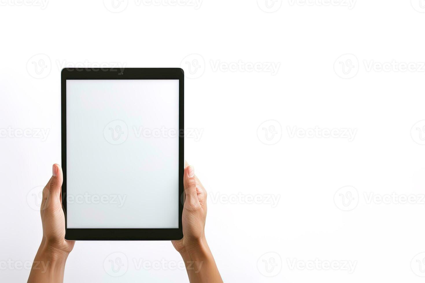 Hand holding tablet with mockup blank screen isolated on white background with copy space. ai generated photo