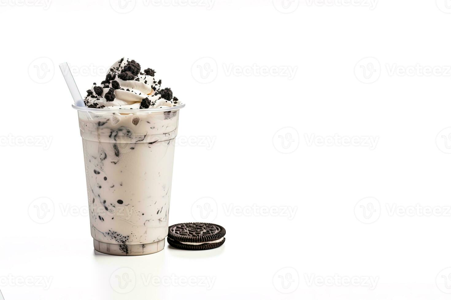 Cookies and cream milkshake in a takeaway cup isolated on white background with copy space. ai generated photo