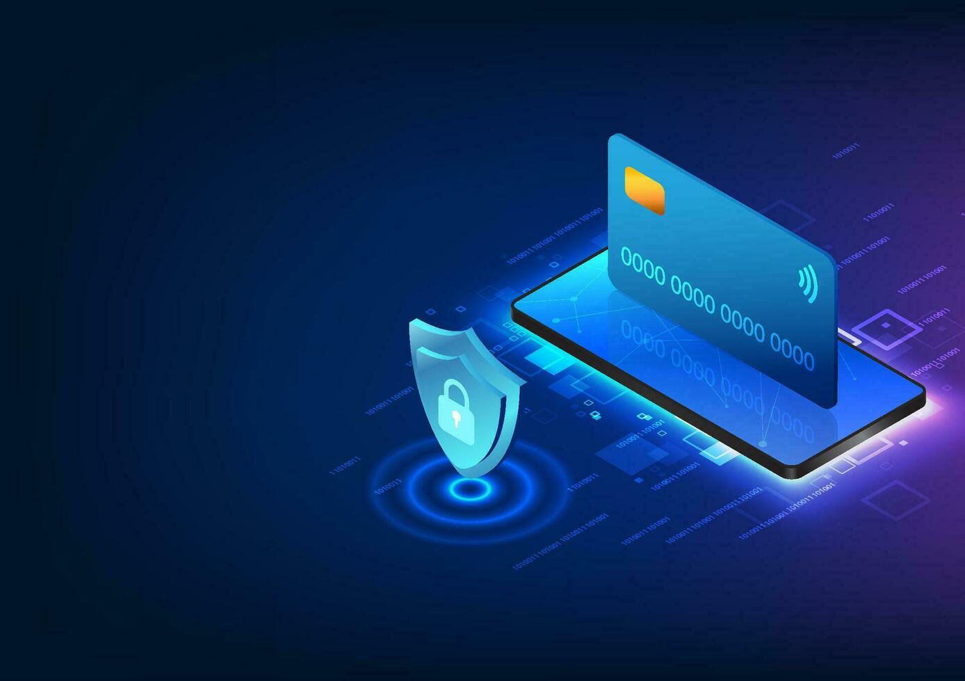 Smartphone technology with credit card placed on top of mobile screen Equipped with a shield with a lock on the front Smartphone technology that has a system to prevent theft of financial information vector