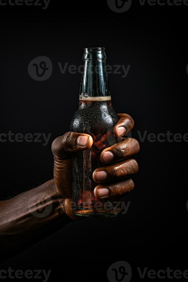 a male hand holding up a bottle of beer isolated on a black background. ai generated photo