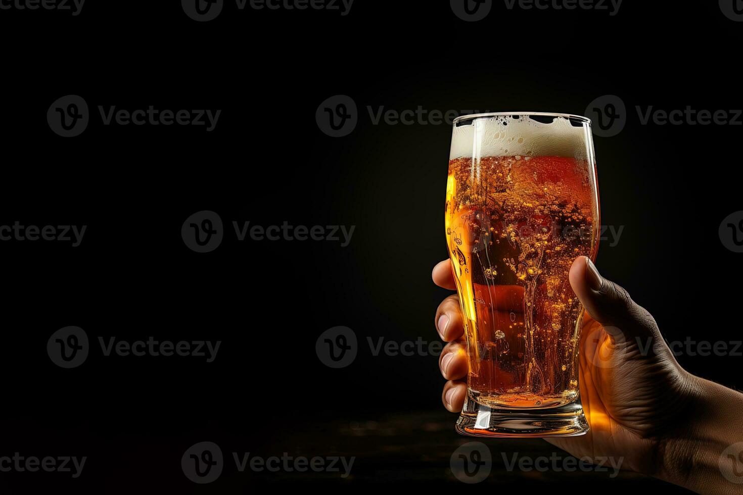 a male hand holding up a glass of beer isolated on a black background with copy space. ai generated photo