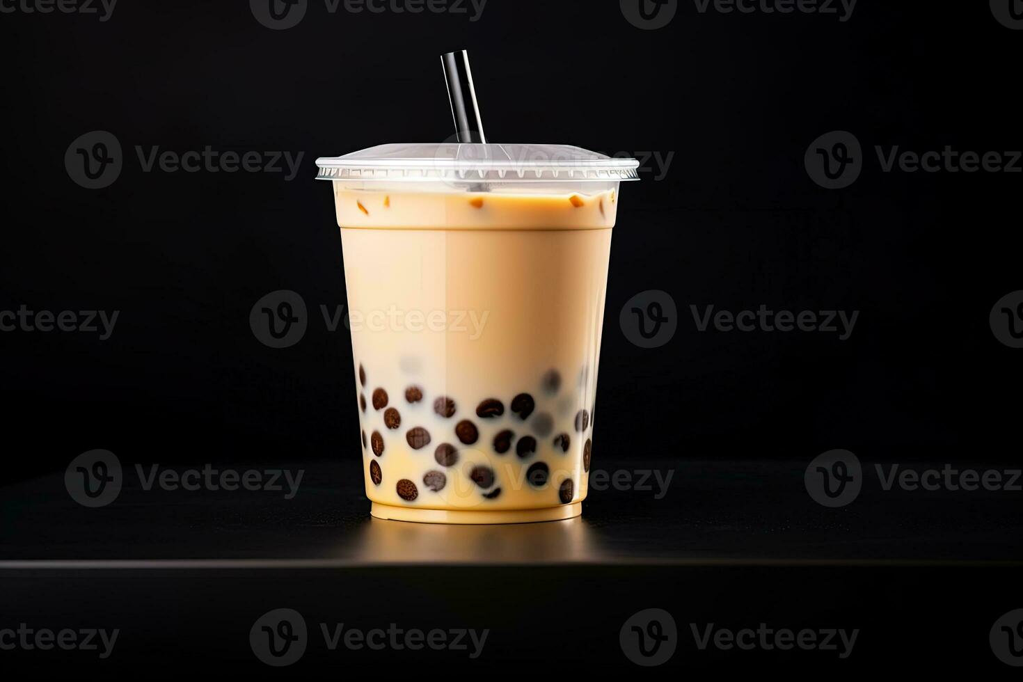 milk tea white bubble on plastic cup, isolated on dark background, side view. ai generated photo