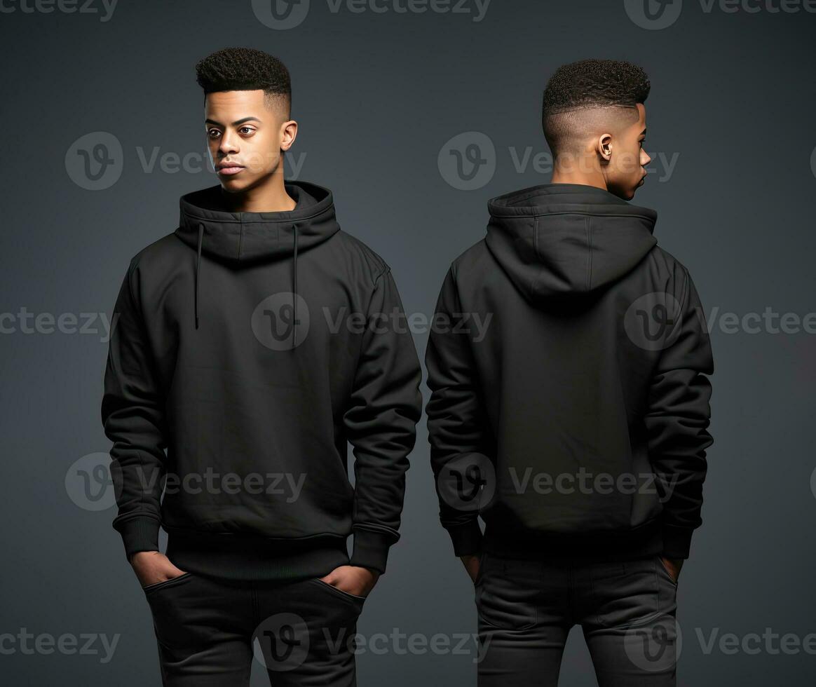 Front and back view of a black hoodie mockup for design print. ai generated photo