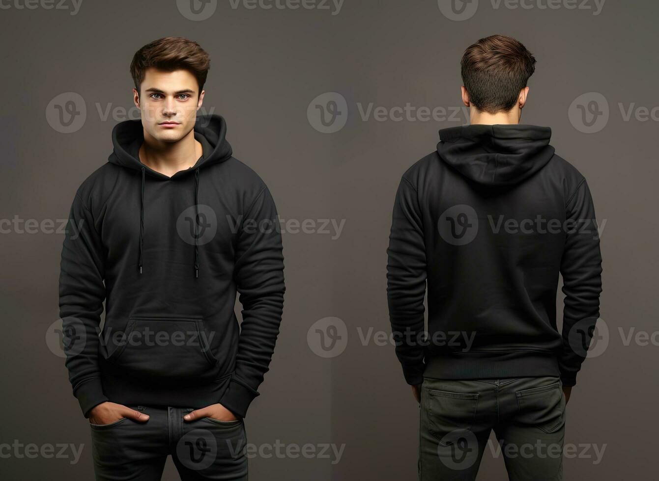 Front and back view of a black hoodie mockup for design print. ai generated photo