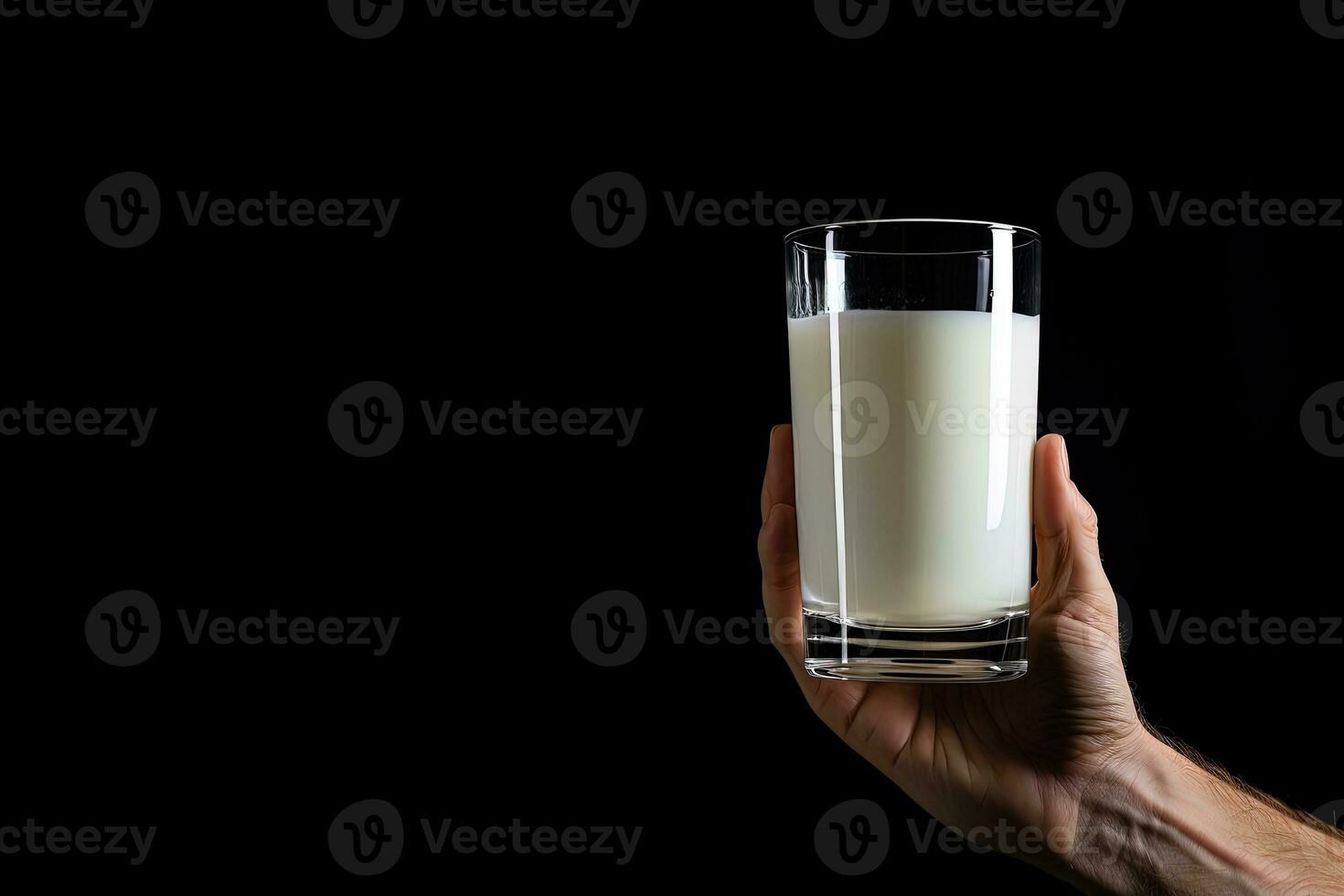 Hand holding a glass of fresh milk isolated on black background with copy space. ai generated photo