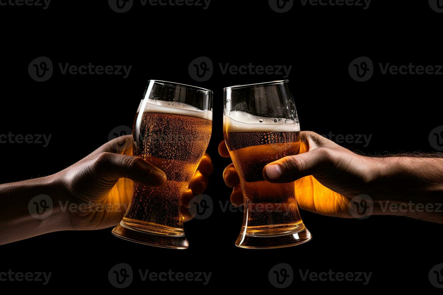 Hands toasting with glasses of beer isolated on black background. ai generated photo