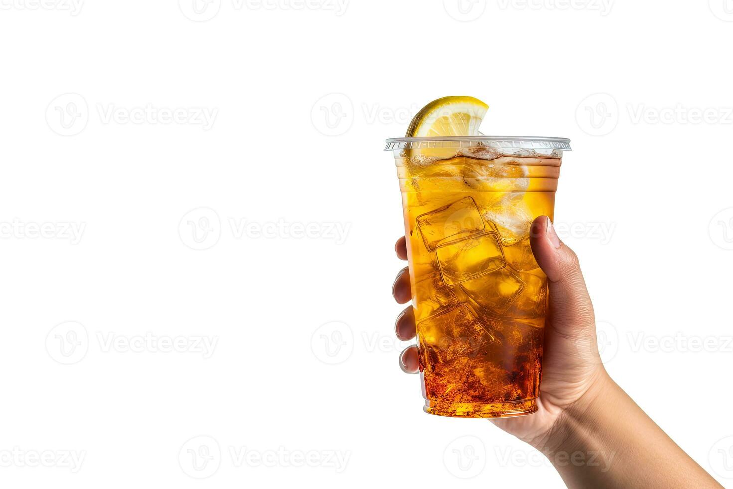 A hand holding takeaway plastic cup of delicious iced lemon tea isolated on white background with copy space. ai generated photo