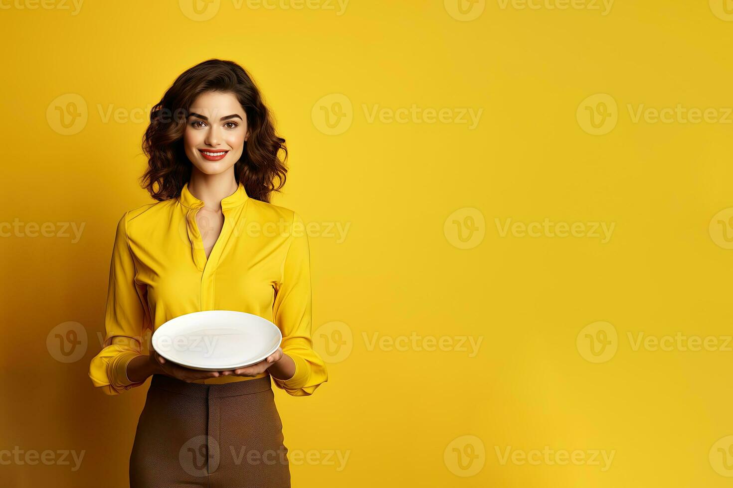 Young beautiful stylish woman holding an empty plate or dish isolated on yellow background with copy space. ai generated photo