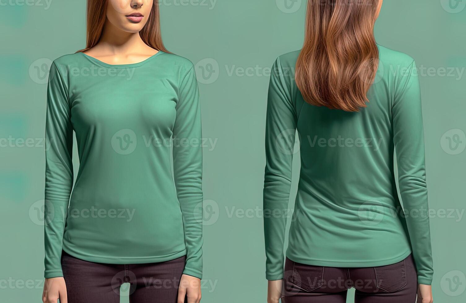 Woman wearing a green T-shirt with long sleeves. Front and back view. photo