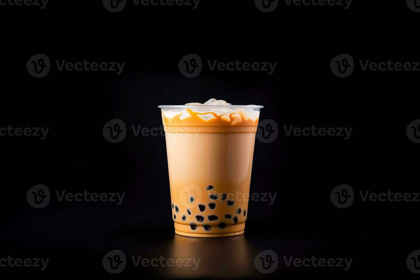 milk tea white bubble on plastic cup, isolated on dark background, side view. ai generated photo