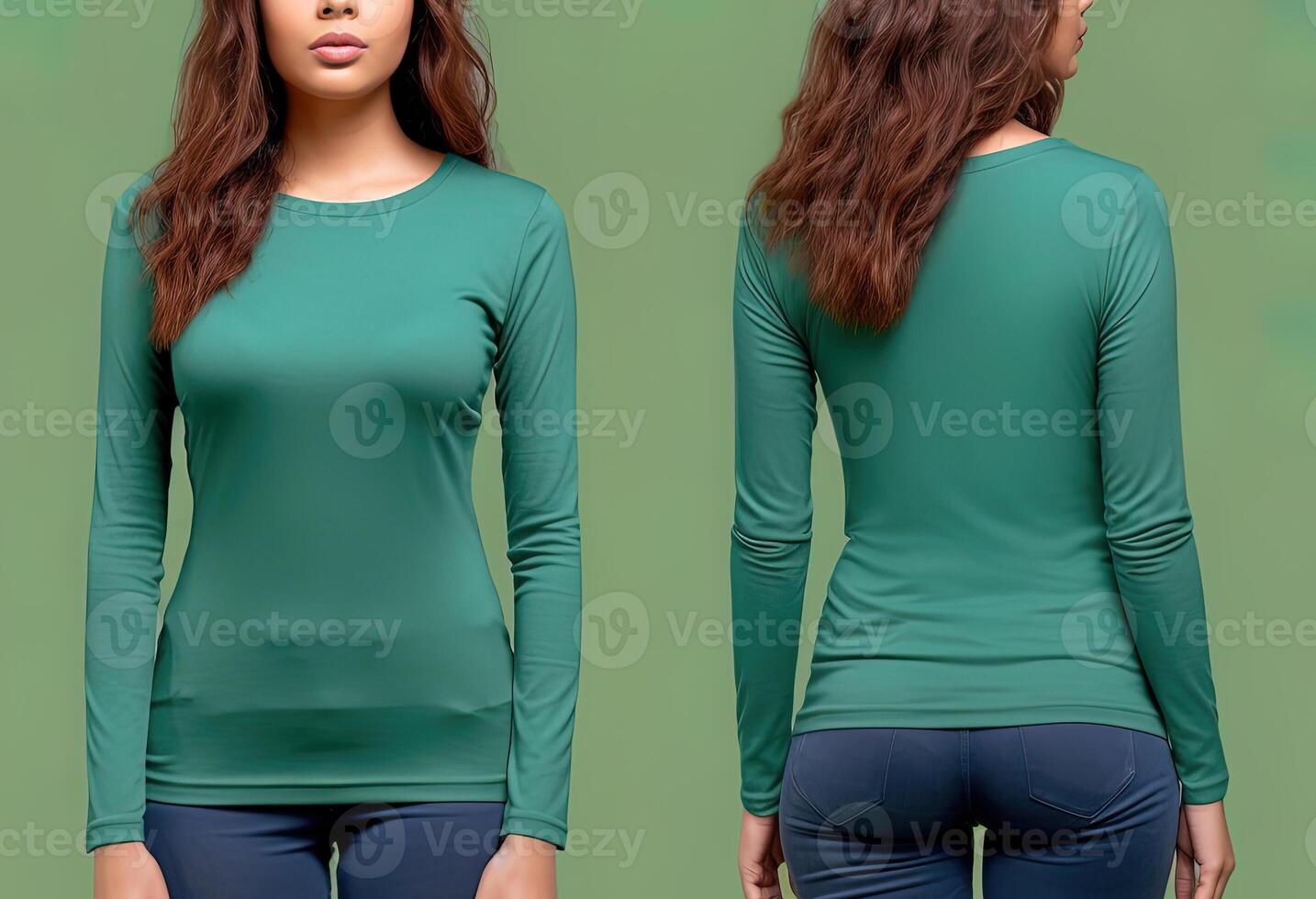 Woman wearing a green T-shirt with long sleeves. Front and back view. photo