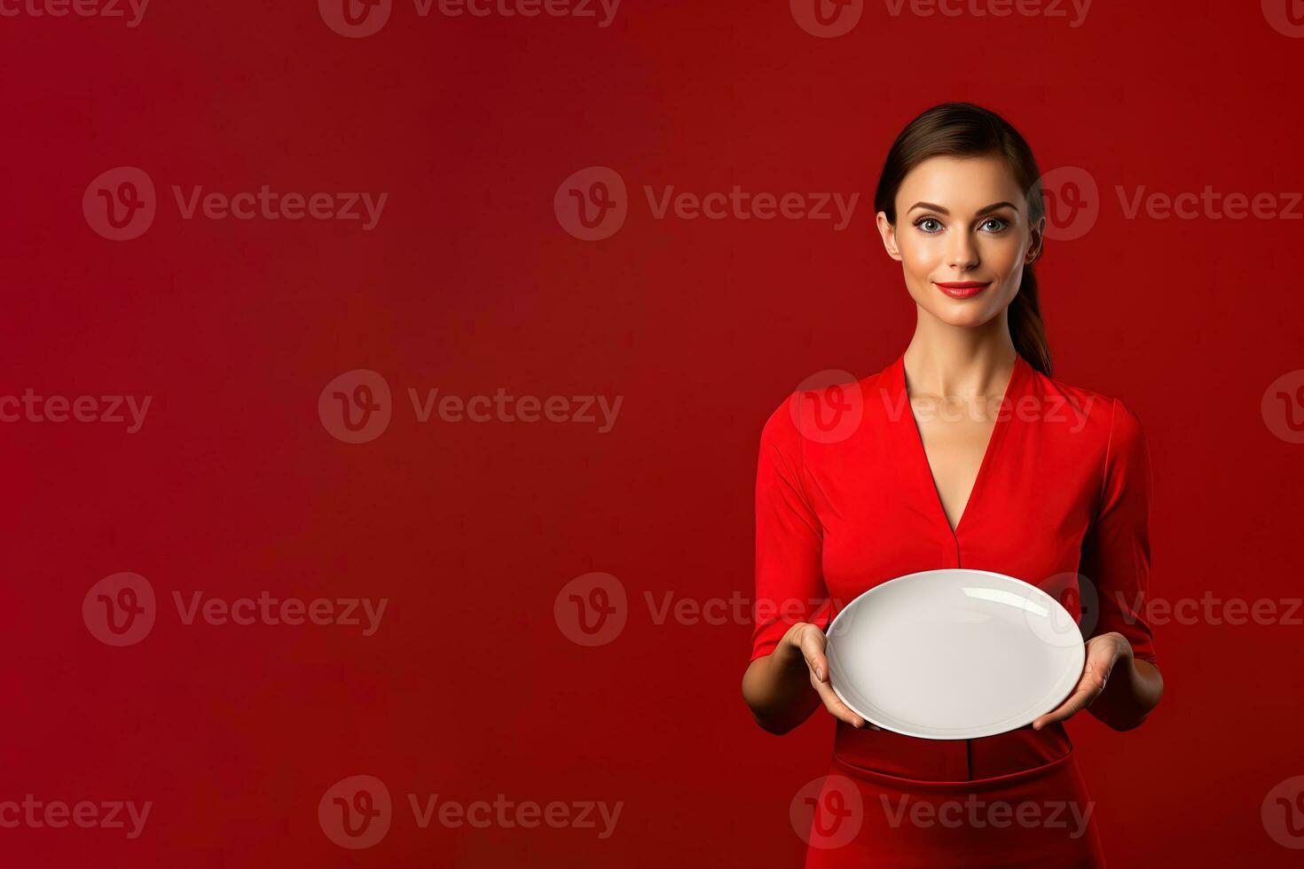 Young beautiful stylish woman holding an empty plate or dish isolated on red background with copy space. ai generated photo