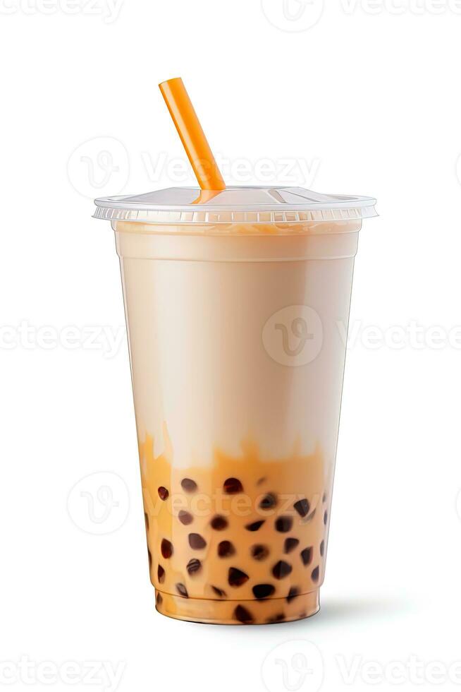 iced milk tea and bubble boba in the plastic glass on the white background. ai generated photo