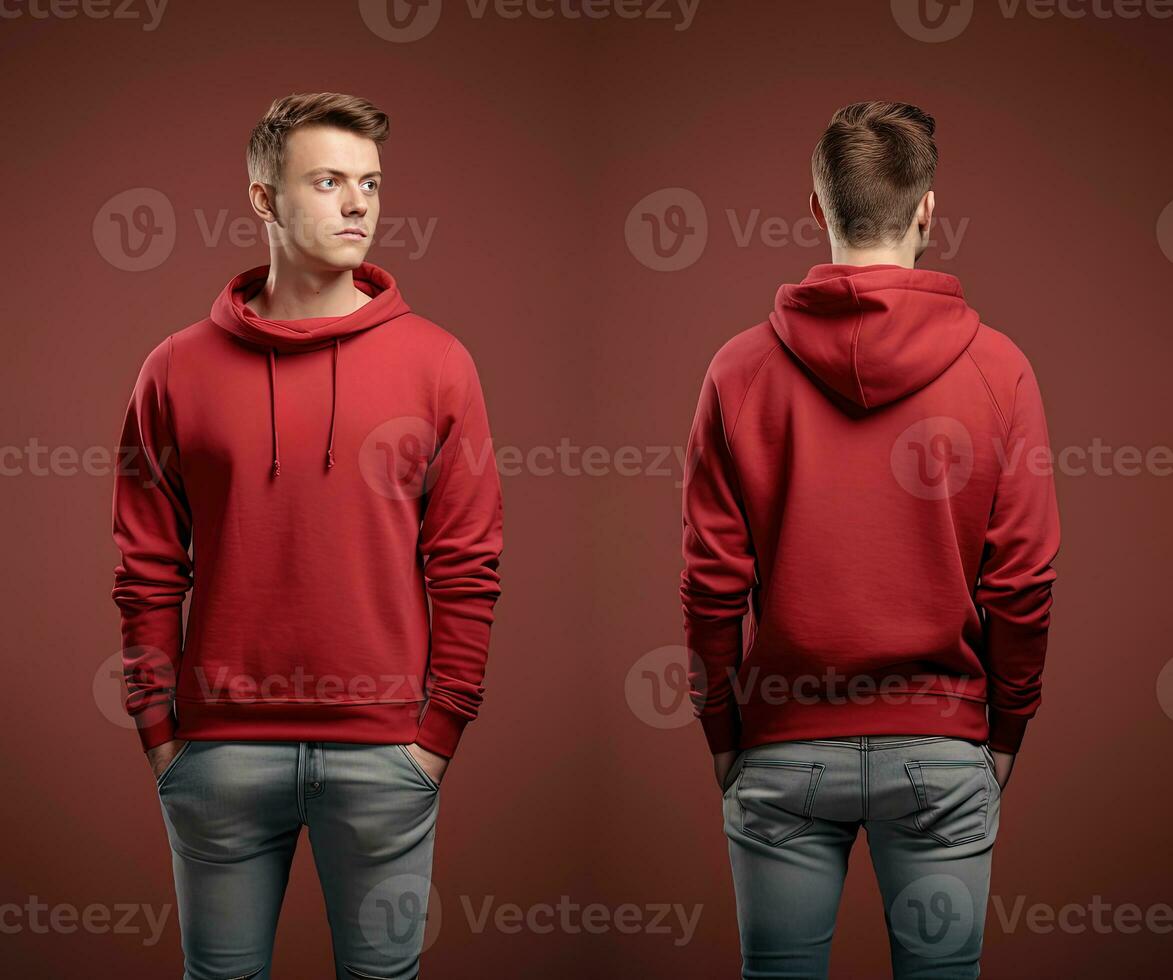 Front and back view of a red hoodie mockup for design print. ai generated photo