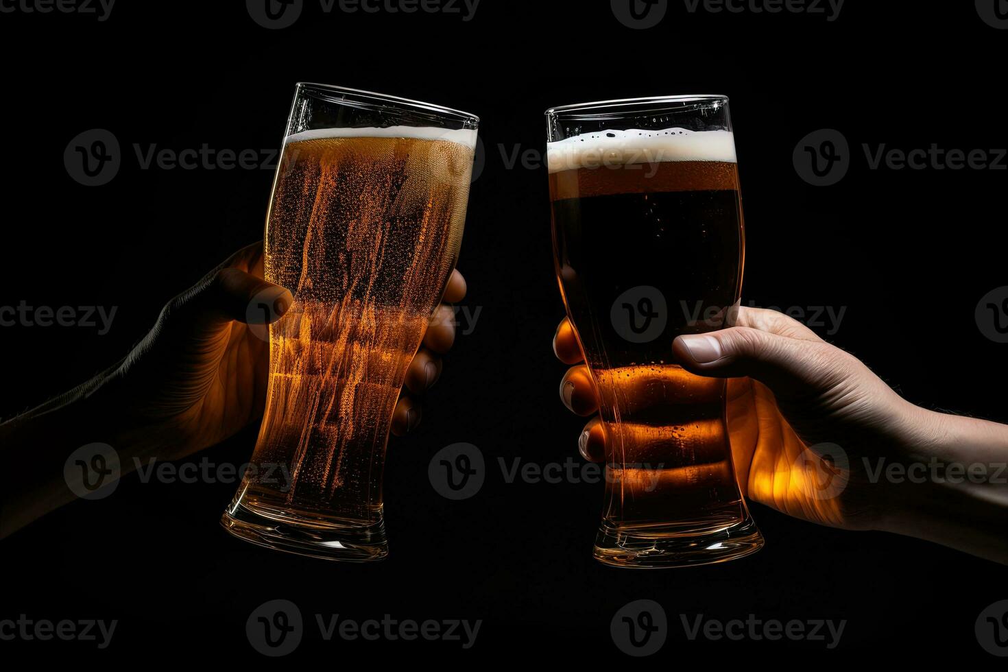 Hands toasting with glasses of beer isolated on black background. ai generated photo