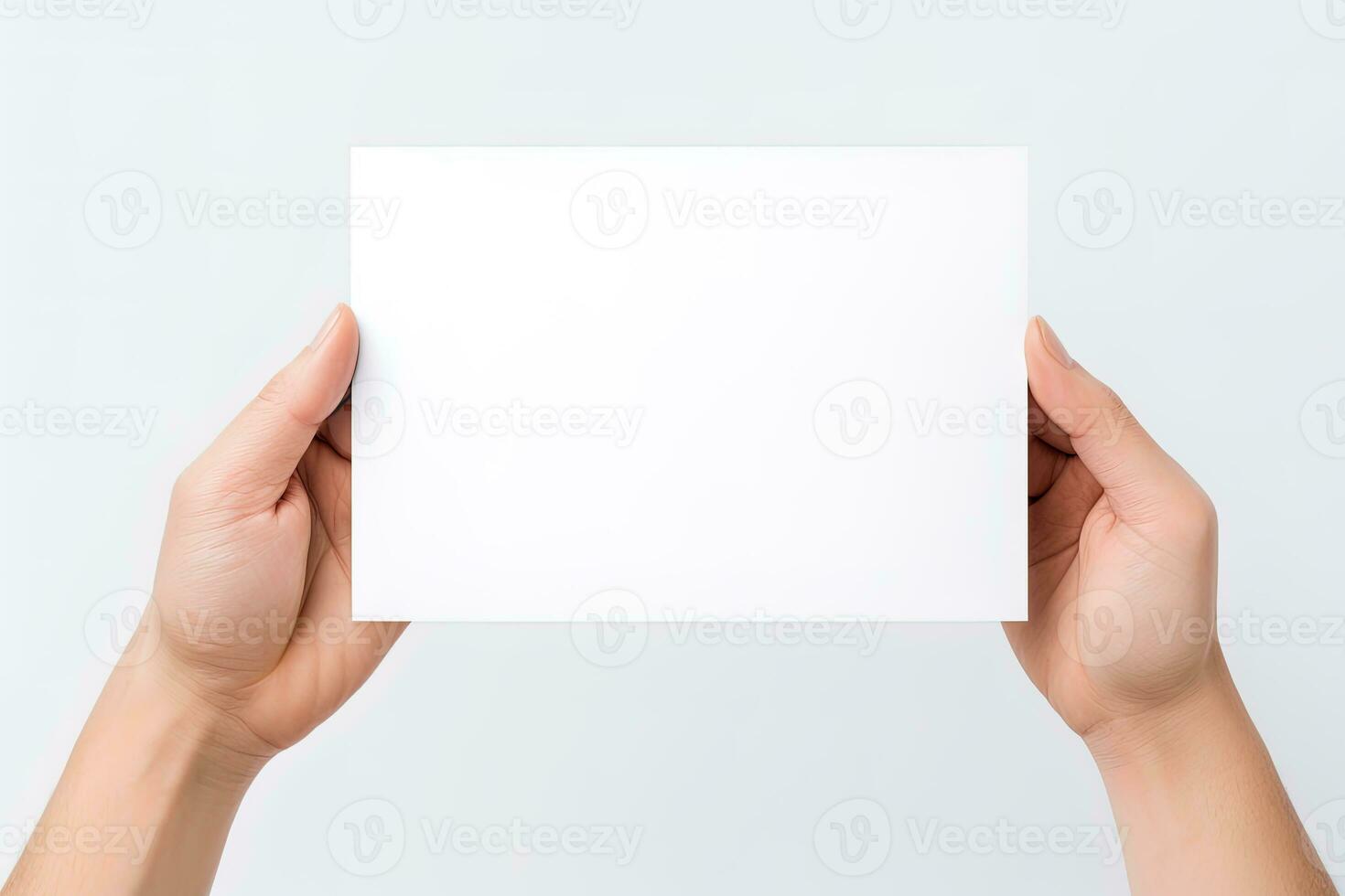 A human hand holding a blank sheet of white paper or card isolated on white background. ai generated photo