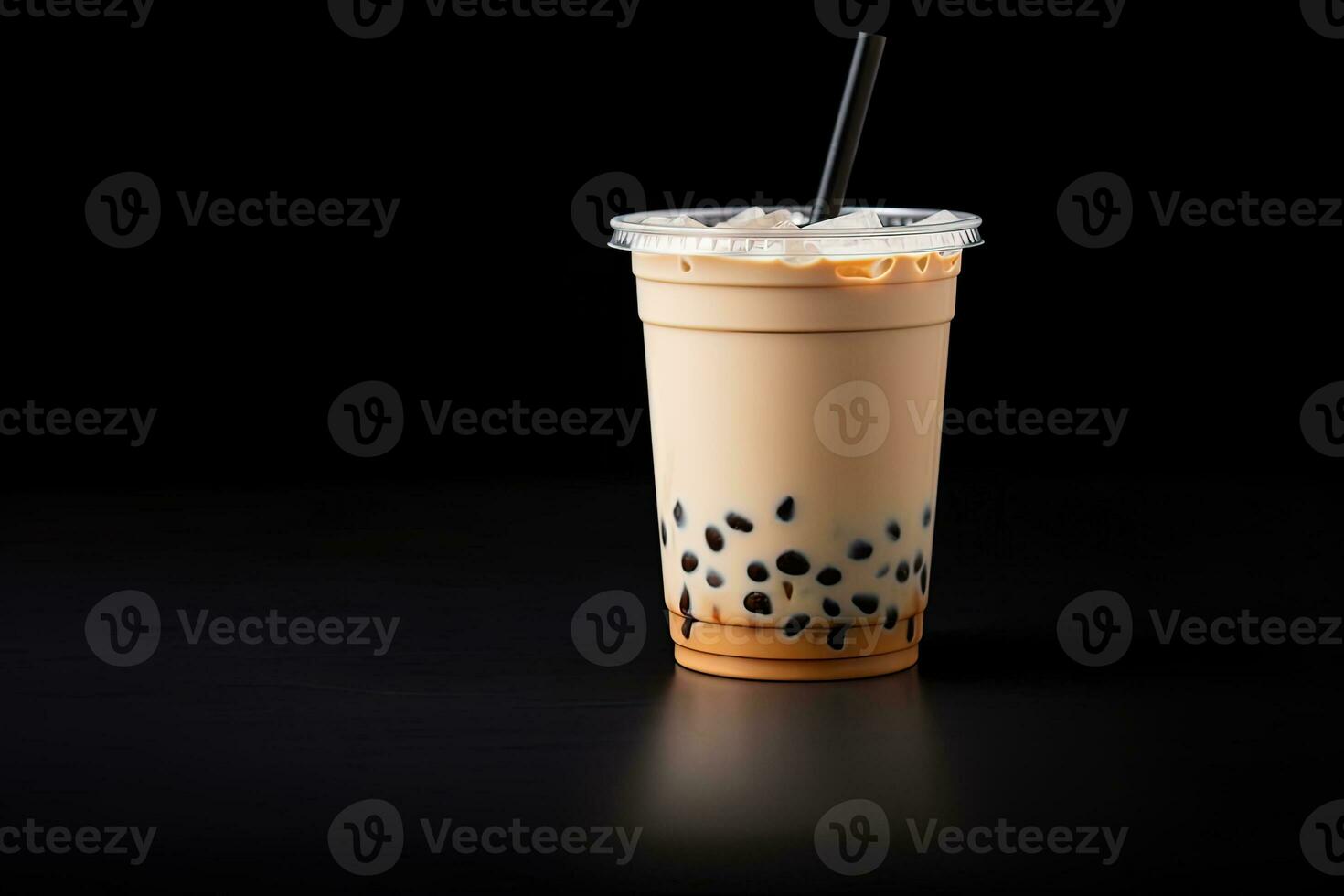 milk tea white bubble on plastic cup, isolated on dark background, side view. ai generated photo