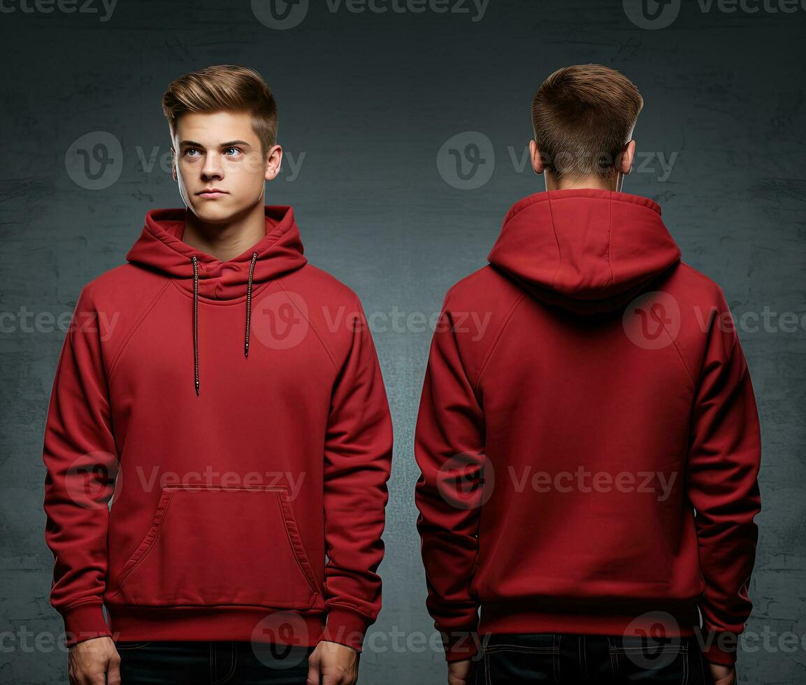 Front and back view of a red hoodie mockup for design print. ai generated photo