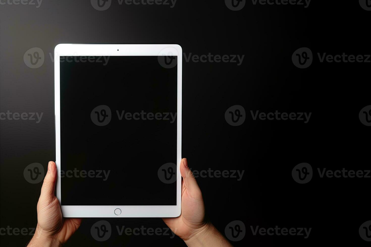 Hand holding tablet with mockup blank screen isolated on black background with copy space. ai generated photo