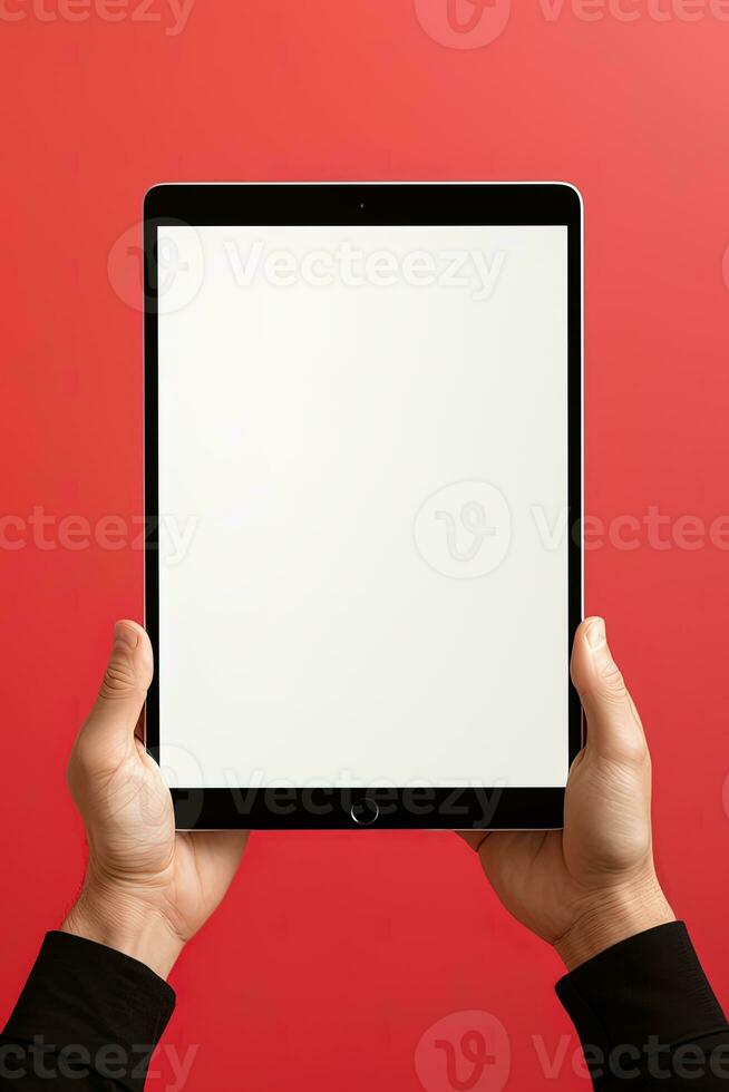 mano participación tableta con Bosquejo blanco pantalla aislado en rojo antecedentes. ai generado foto