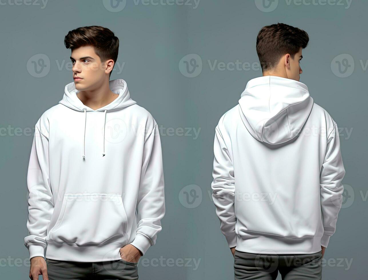 Front and back view of a white hoodie mockup for design print. ai generated photo