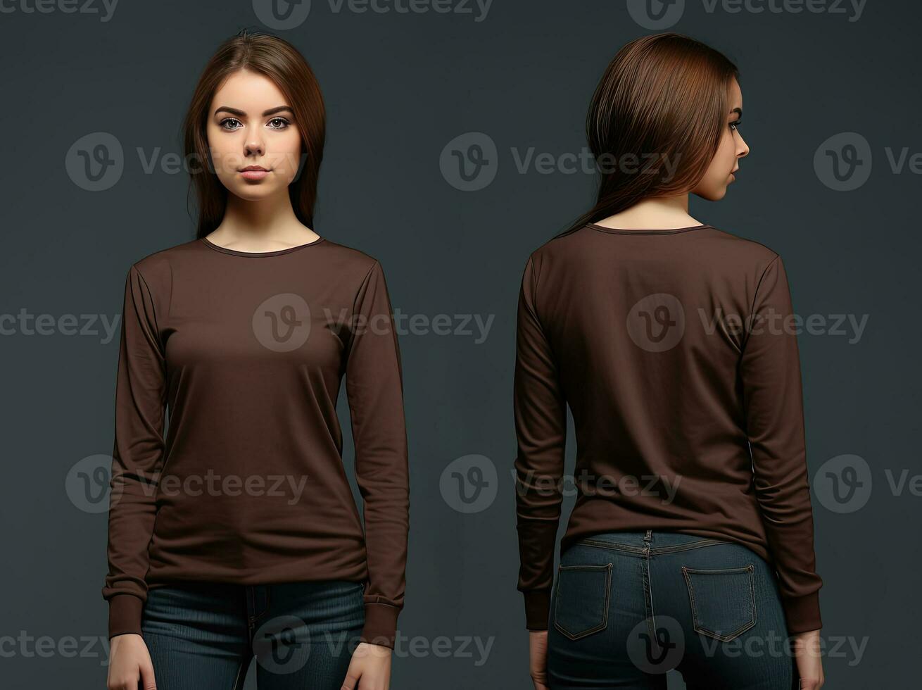 Woman wearing a brown T-shirt with long sleeves. Front and back view. ai generated photo