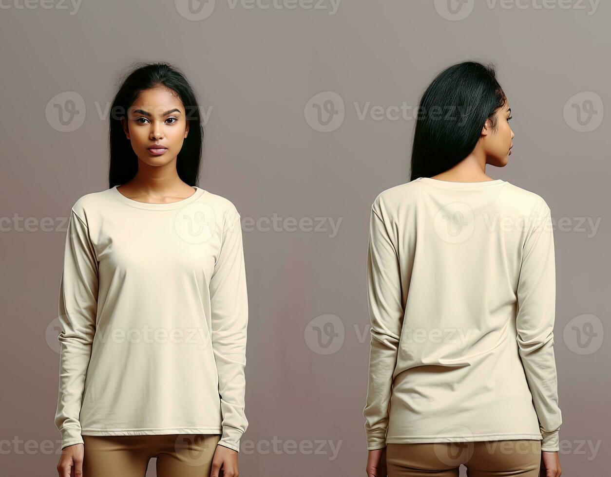 Woman wearing a beige T-shirt with long sleeves. Front and back view. ai generated photo