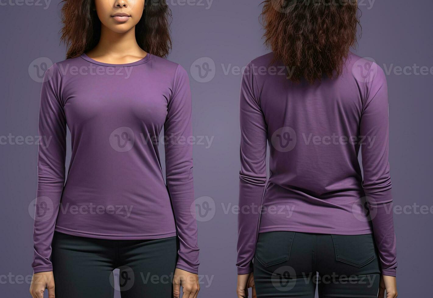 Woman wearing a purple T-shirt with long sleeves. Front and back view. ai generated photo