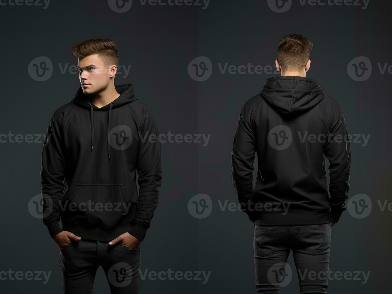 Front and back view of a black hoodie mockup for design print. ai generated photo