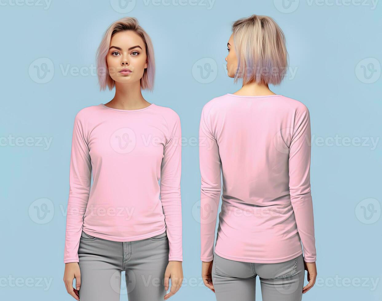 Woman wearing a pink T-shirt with long sleeves. Front and back view photo