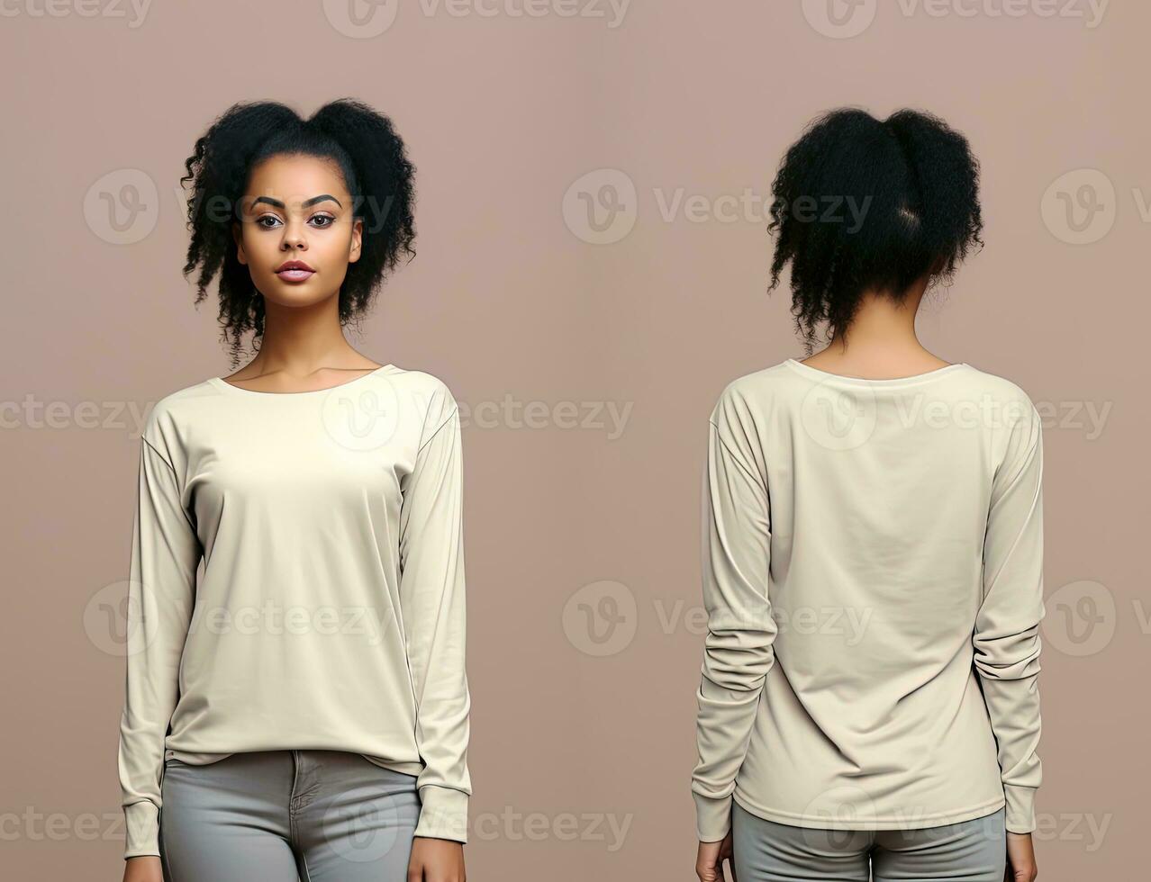 Woman wearing a beige T-shirt with long sleeves. Front and back view. ai generated photo