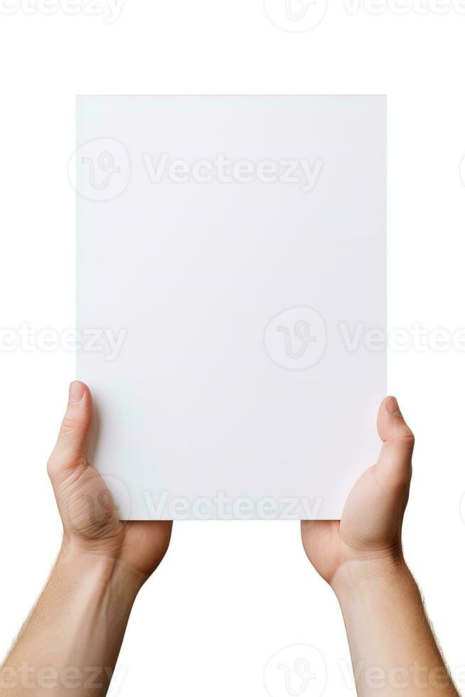 A human hand holding a blank sheet of white paper or card isolated on white background. ai generated photo