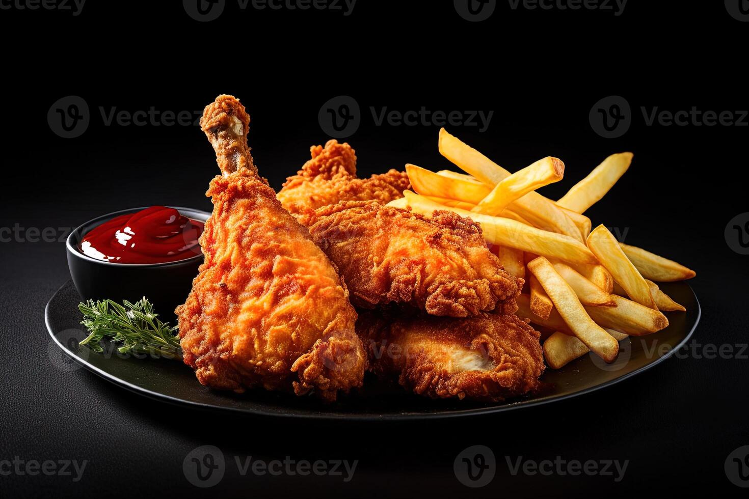 Fast food fried crispy chicken and french fries potatoes with ketchup sauce isolated on dark background. photo