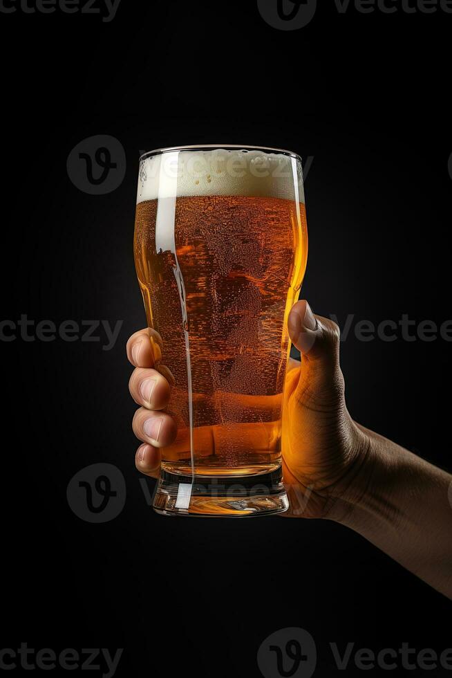 a male hand holding up a glass of beer isolated on a black background. ai generated photo