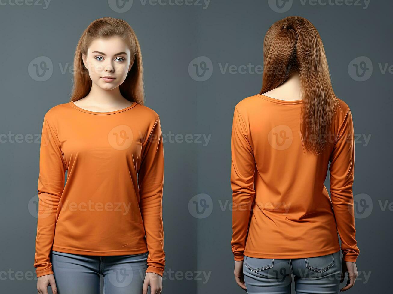 mujer vistiendo un naranja camiseta con largo mangas frente y espalda vista. ai generado foto
