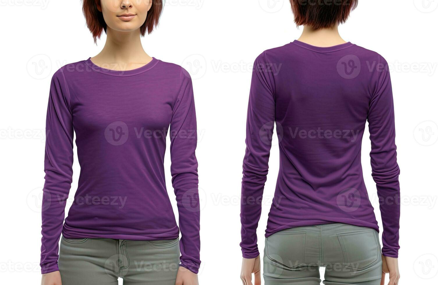 Woman wearing a purple T-shirt with long sleeves. Front and back view. ai generated photo