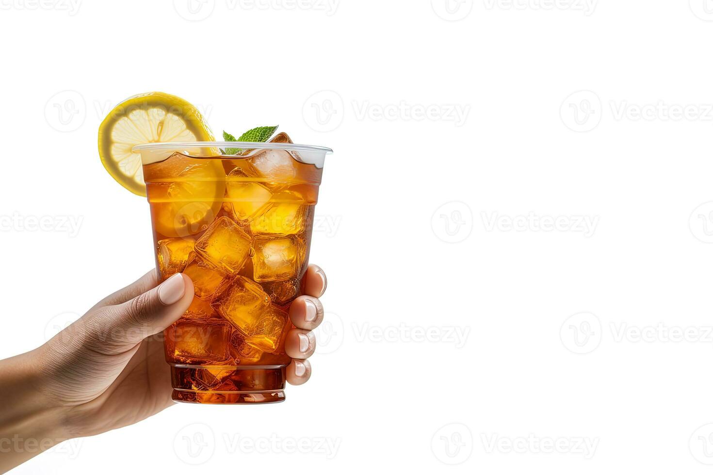 A hand holding takeaway plastic cup of delicious iced lemon tea isolated on white background with copy space. ai generated photo