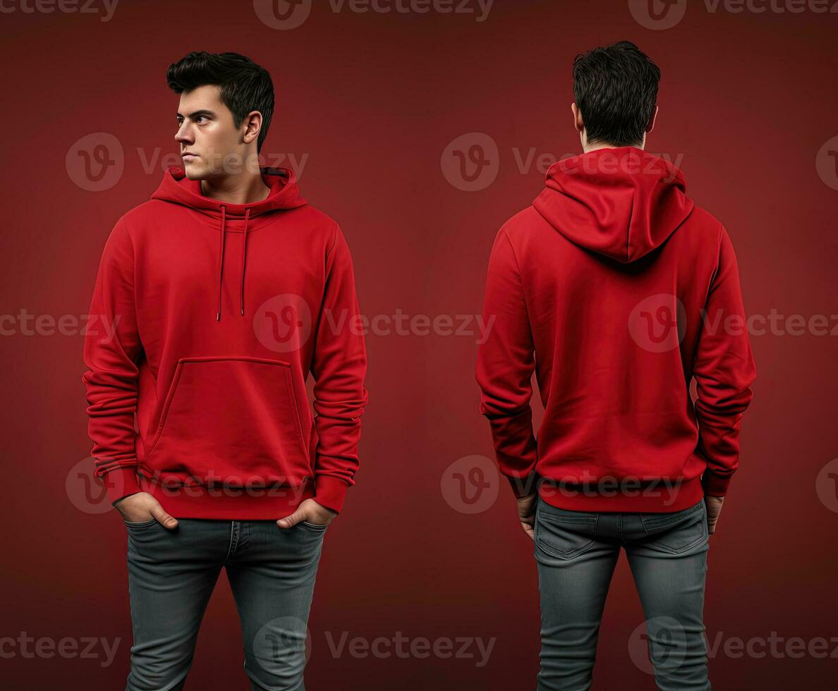 Front and back view of a red hoodie mockup for design print. ai generated photo