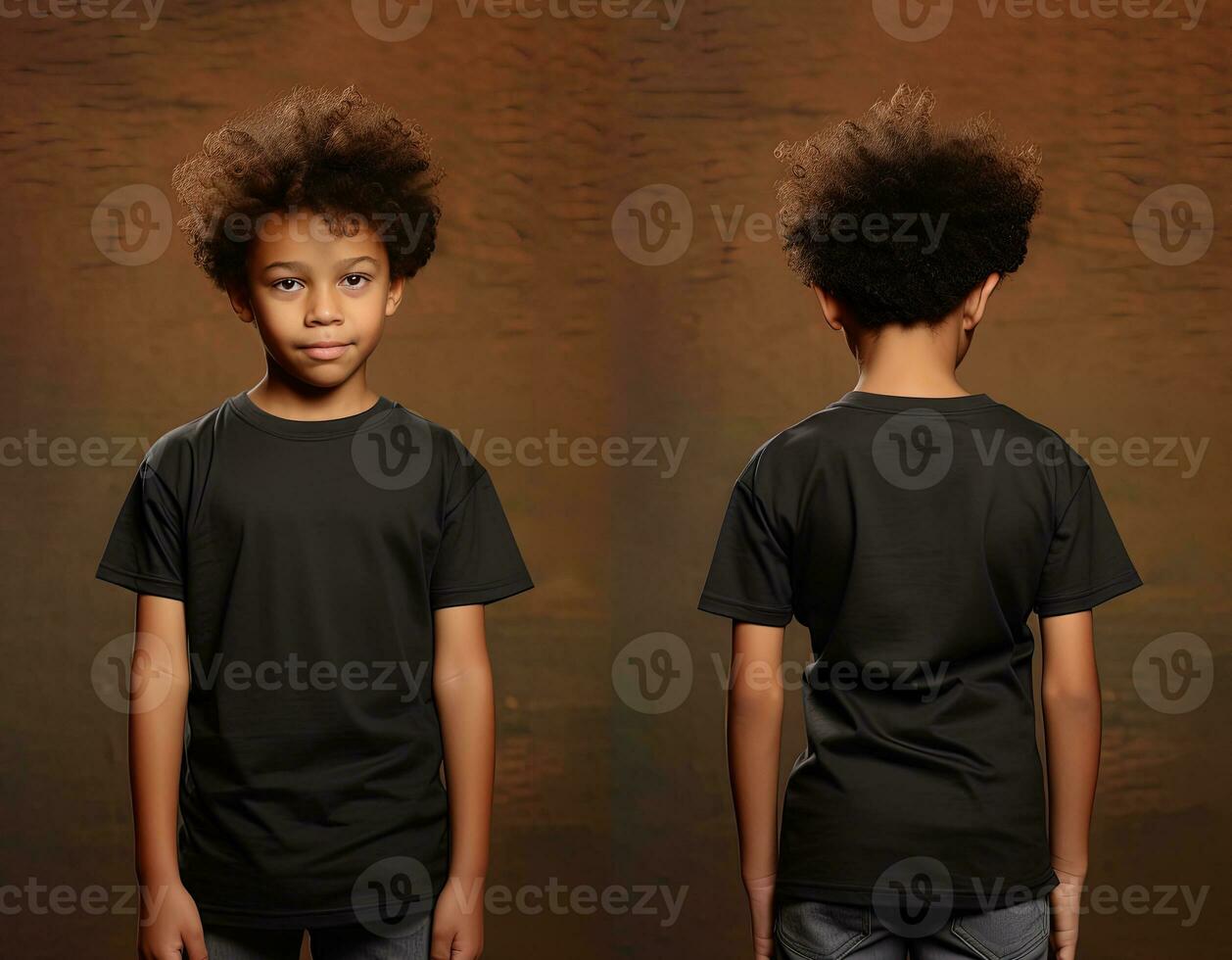 Front and back views of a little boy wearing a black T-shirt. ai generated photo