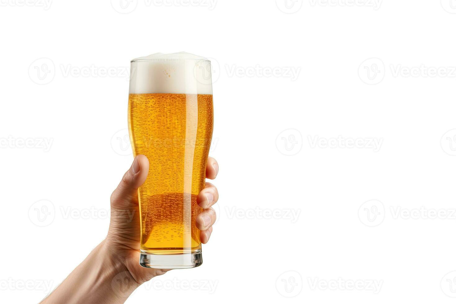 a male hand holding up a glass of beer isolated on a white background with copy space. ai generated photo