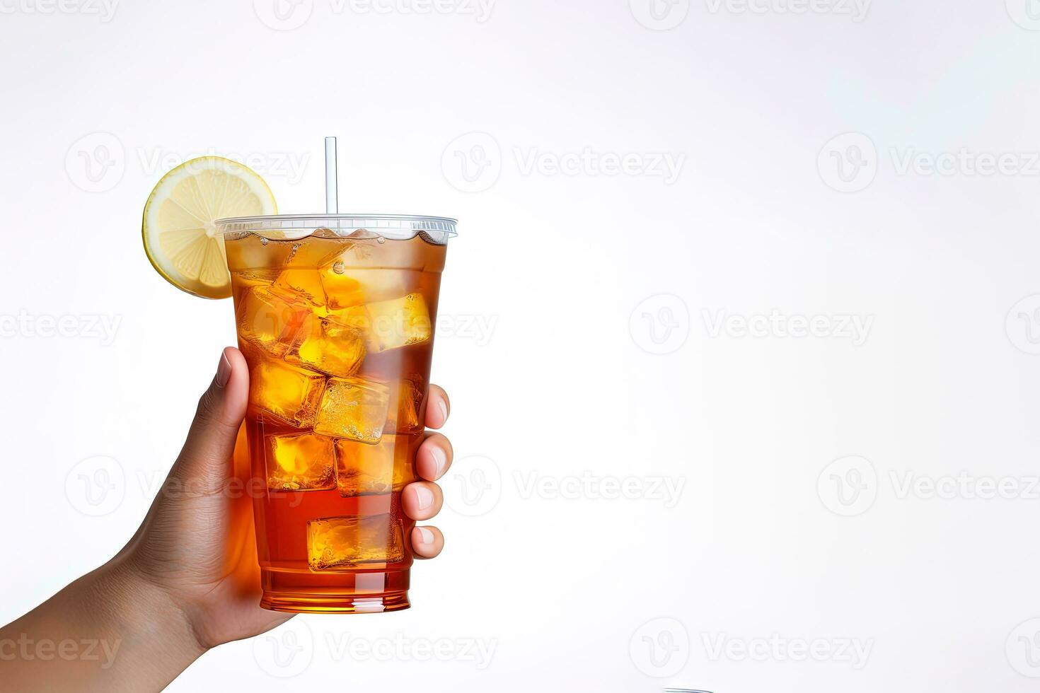 A hand holding takeaway plastic cup of delicious iced lemon tea isolated on white background with copy space. ai generated photo