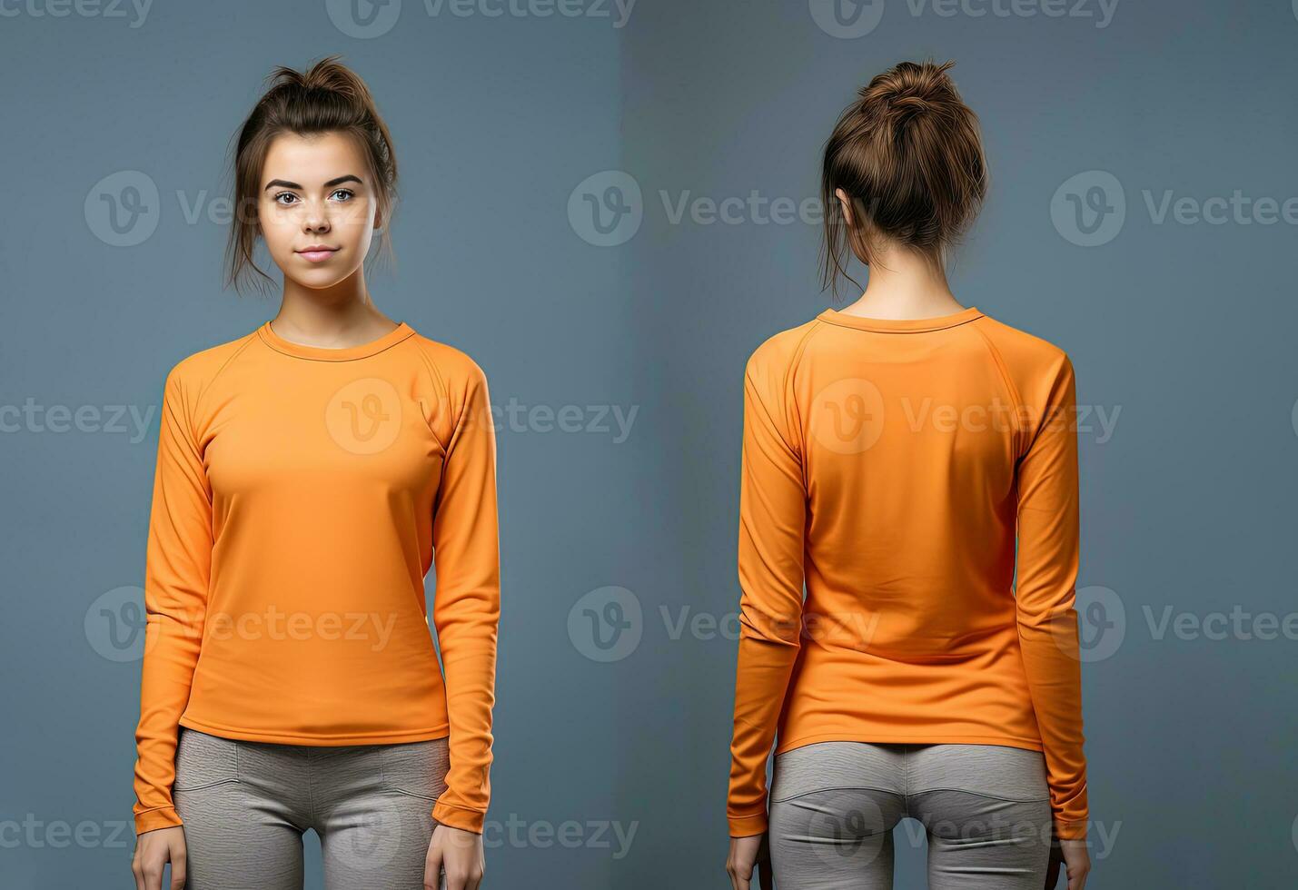 Woman wearing an orange T-shirt with long sleeves. Front and back view. ai generated photo