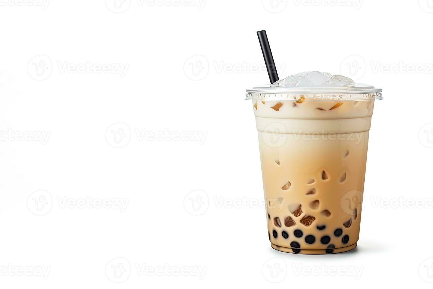 iced milk tea and bubble boba in the plastic glass on the white background with copy space. ai generated photo